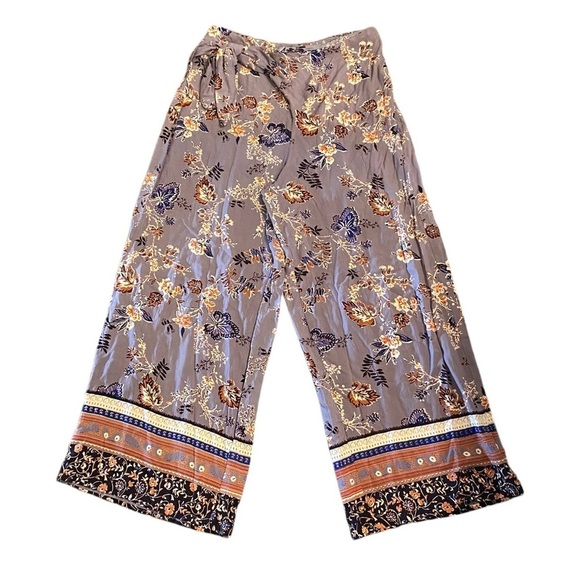 Angie blue brown palazzo wide leg print wrap pants Fall coastal Grandma boho - Picture 1 of 8